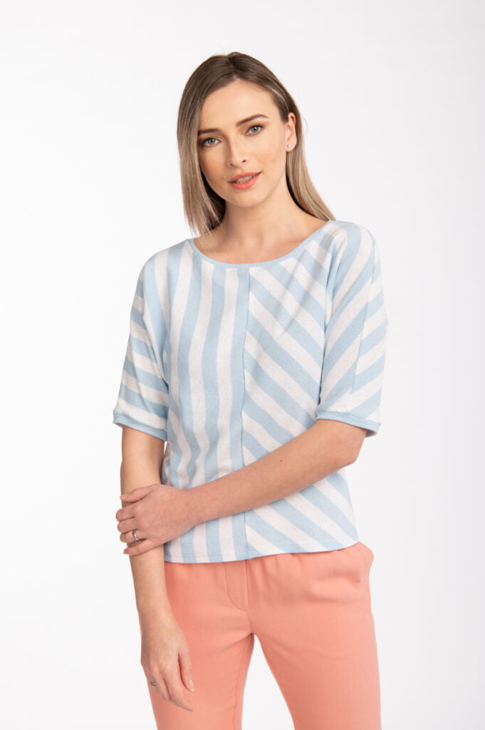Bluză tip pulover cu dungi blue și mânecă scurtă Demi